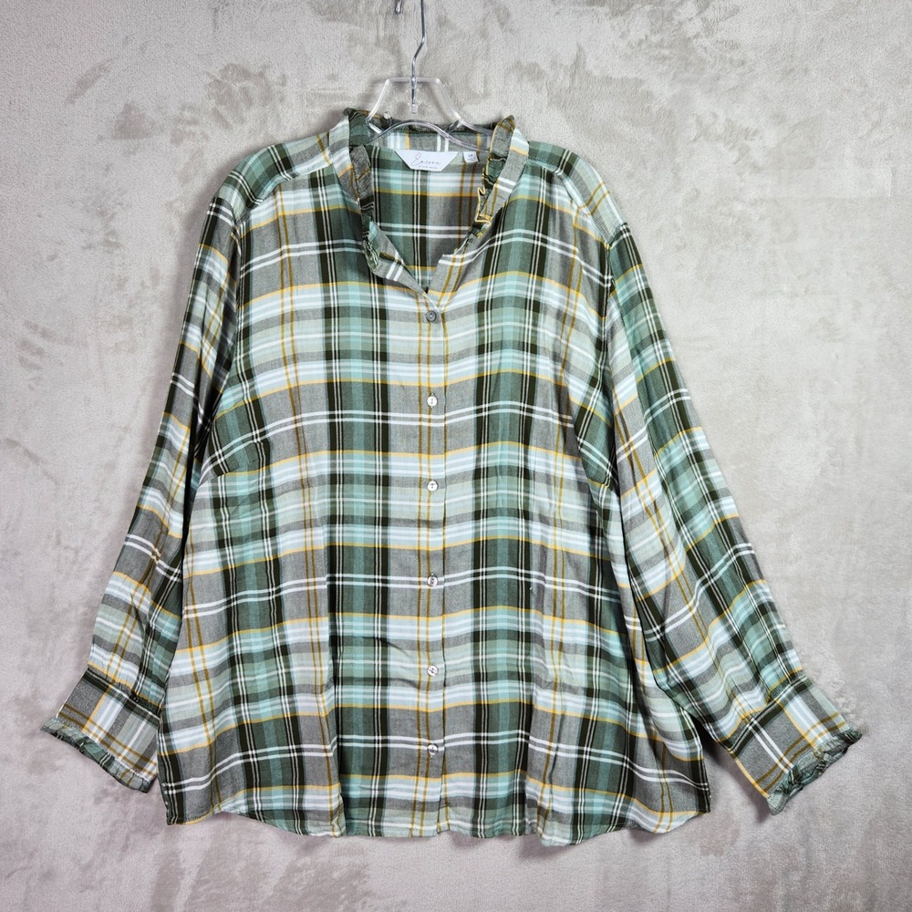 Encore By Idina Menzel Shirt Women 3X Green Plaid Ruffle Collar Button Up Casual